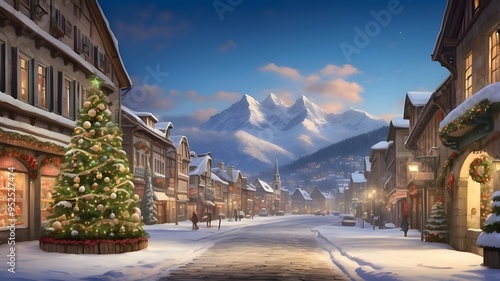 The picturesque townscape in the background contrasts with the elaborate Christmas tree covered in winter snow.