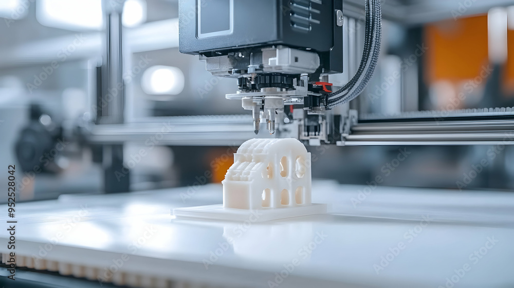 A 3D printer in the midst of creating a white plastic model, offering a glimpse into the capabilities of modern 3D printing technology A 3D printer in the midst of creating a white plastic model, offering a glimpse into the capabilities of modern 3D printing technology