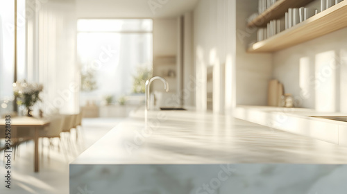 A bright kitchen with a large marble bench as the focus in the foreground and the background slightly blurred, light color palette, modern looking. Generative AI.