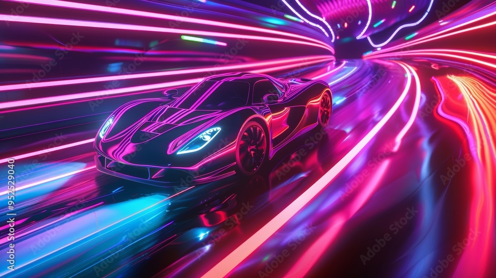 3d luxury car on a neon road 3d luxury car on a neon road