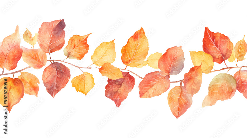 Fototapeta premium Watercolor Autumn Leaves Branch Border Seamless Pattern