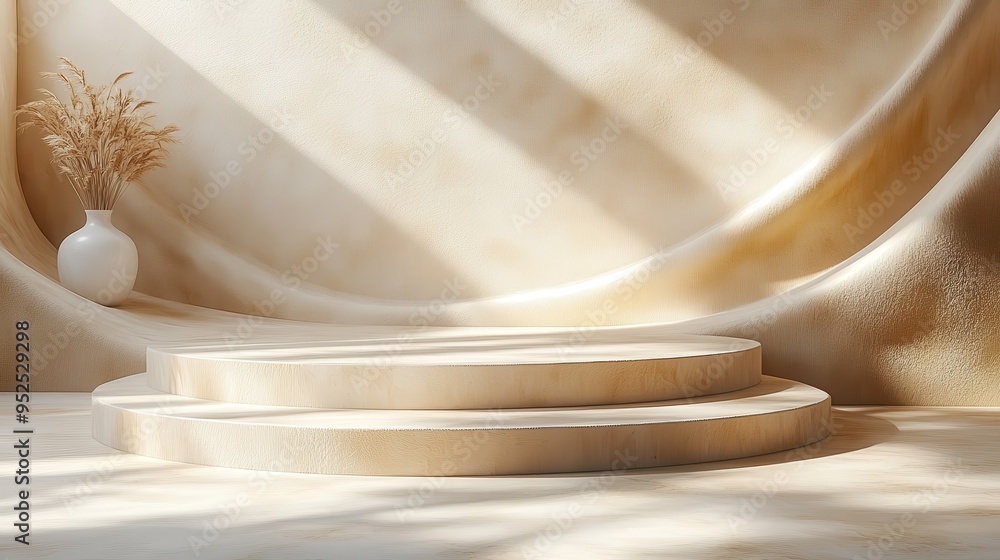 3D render of an empty beige abstract background with a modern minimal clean style, featuring a vacant cylindrical podium and steps for product presentation. 3D render of an empty beige abstract background with a modern minimal clean style, featuring a vacant cylindrical podium and steps for product presentation.