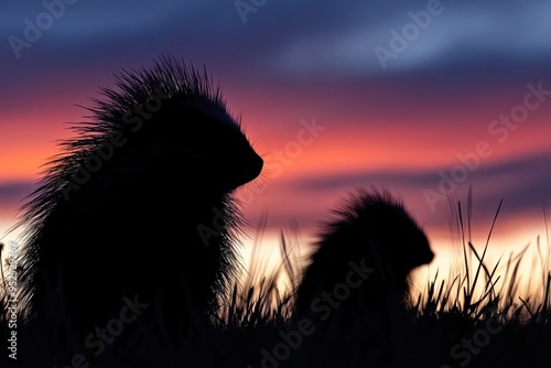 Silhouette of porcupines in the desert twilight