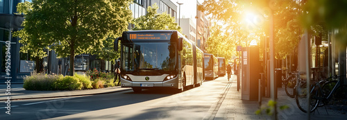 A lively city street brimming with green transport choices, such as electric buses, bike-sharing spots, and electric car rentals, showcases a firm dedication to sustainable practices. illustration
