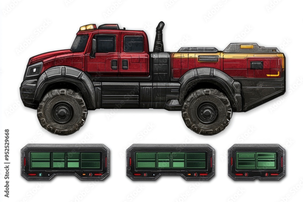 Futuristic Red Truck with Control Panels Futuristic Red Truck with Control Panels