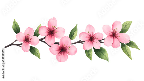 Pink cherry blossom branch with green leaves isolated transparent background