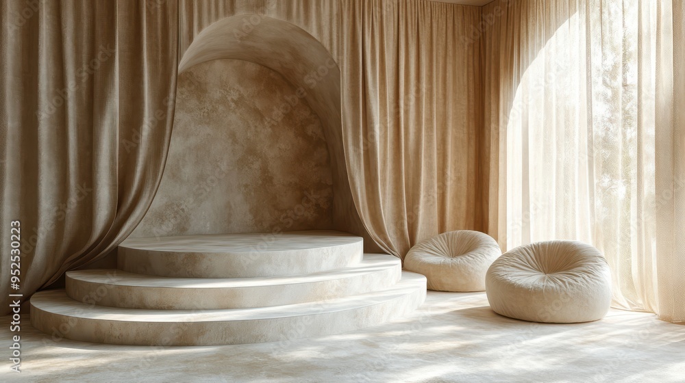 3D render of an empty beige abstract background with a modern minimal clean style, featuring a vacant cylindrical podium and steps for product presentation. 3D render of an empty beige abstract background with a modern minimal clean style, featuring a vacant cylindrical podium and steps for product presentation.