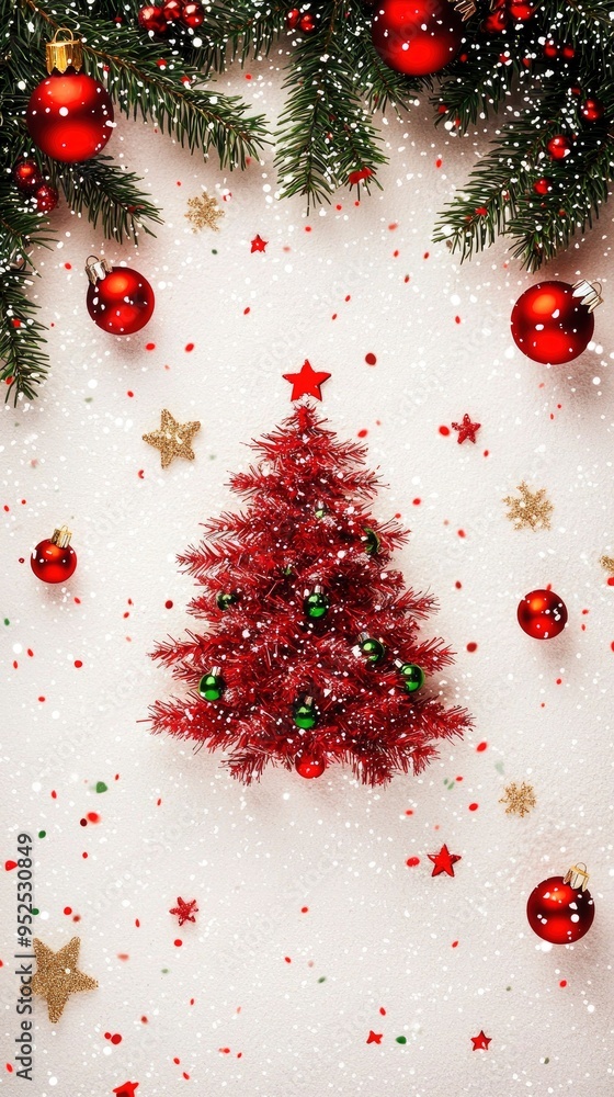 Red Christmas Tree with Ornaments and Snowflakes Red Christmas Tree with Ornaments and Snowflakes
