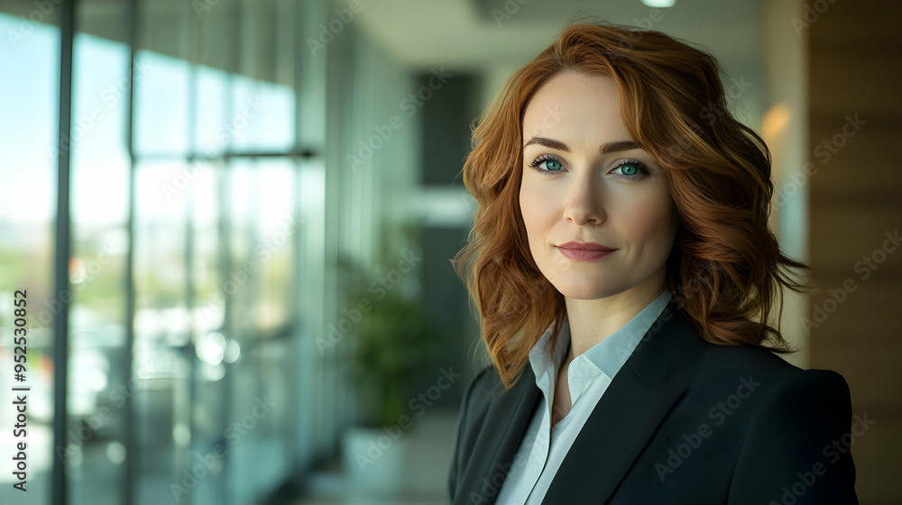 A confident woman with striking blue eyes and auburn hair dressed in a professional suit stands in a modern, A confident woman with striking blue eyes and auburn hair dressed in a professional suit stands in a modern,