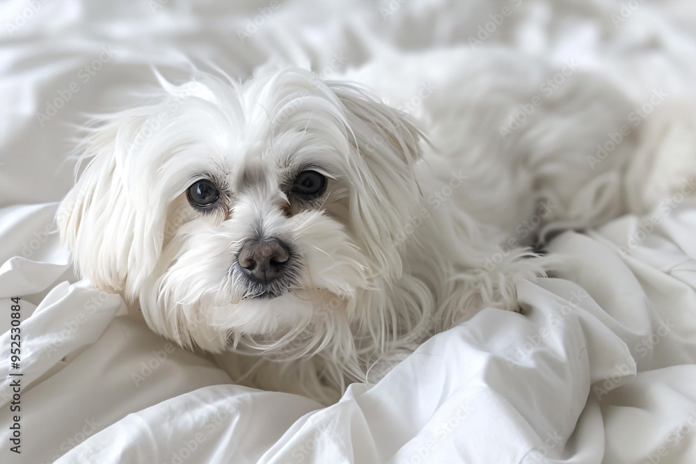 a white dog laying on a bed covered in white sheets a white dog laying on a bed covered in white sheets