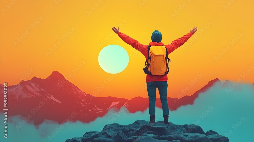 Hiker on Mountain Peak at Sunrise - Adventure and Achievement Concept in Vibrant Colors Hiker on Mountain Peak at Sunrise - Adventure and Achievement Concept in Vibrant Colors