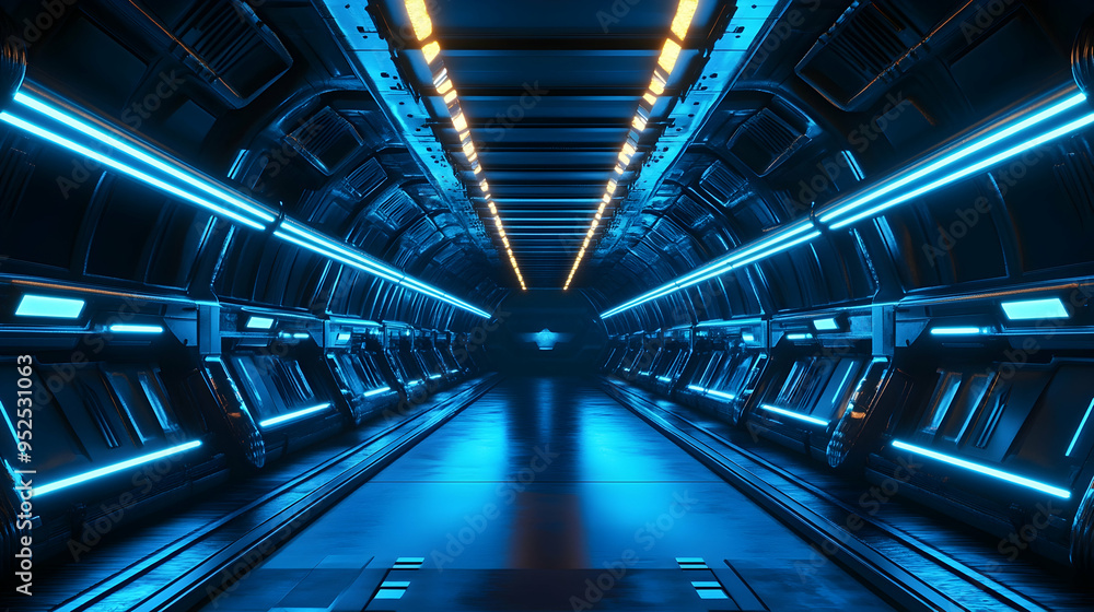 An immersive 360-degree view of a dark tunnel, lit by laser beams and neon lights, with metal panels creating a futuristic vibe. An immersive 360-degree view of a dark tunnel, lit by laser beams and neon lights, with metal panels creating a futuristic vibe.
