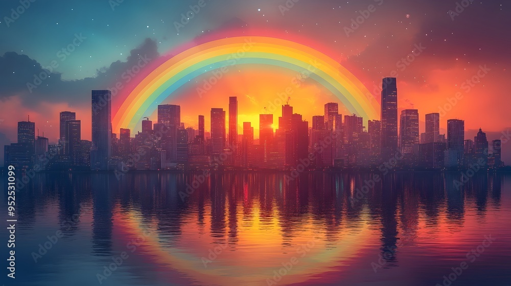 Fototapeta premium Vibrant Cityscape at Sunset with Rainbow: A Symbol of Hope, Optimism, and Upliftment