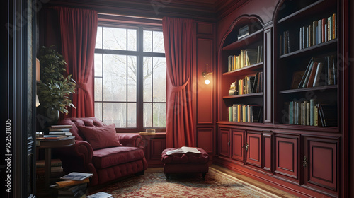 A cozy reading nook featuring embossed wall panels in a deep burgundy hue, offering a warm and inviting space, perfect for curling up with a good book.