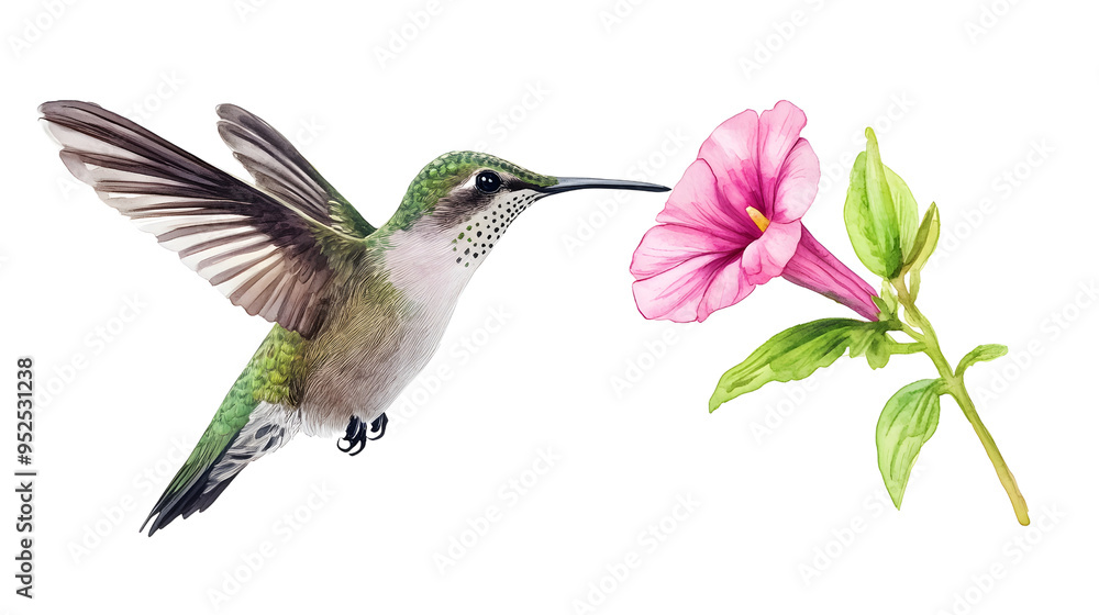 Naklejka premium Hummingbird Flying Towards Pink Flower Watercolor Illustration