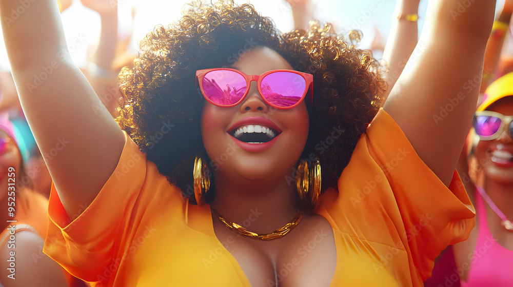 Obraz premium 3D Candid Plus Size Model at a Music Festival concept as A candid shot of a plus size model enjoying a lively music festival dancing or singing along with the crowd. The scene captures the excitement 