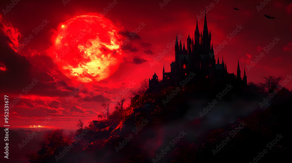 3D Glossy Vampire Castle Background at Dusk concept as A glossy background featuring a vampire castle perched on a hill with a glowing red sky at dusk. The scene is perfect for setting a spooky yet el 3D Glossy Vampire Castle Background at Dusk concept as A glossy background featuring a vampire castle perched on a hill with a glowing red sky at dusk. The scene is perfect for setting a spooky yet el