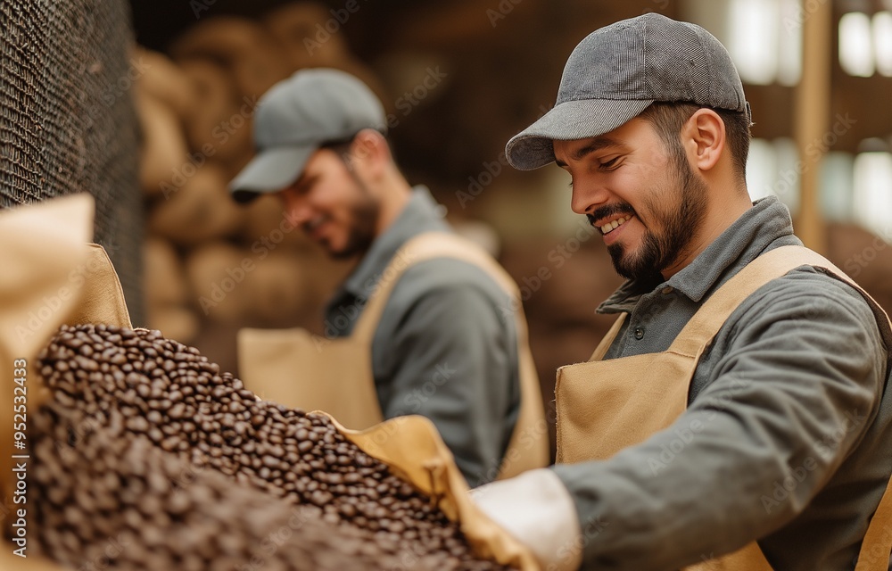 Two uniformed workers placing fresh coffee beans in a bag. Two uniformed workers placing fresh coffee beans in a bag.