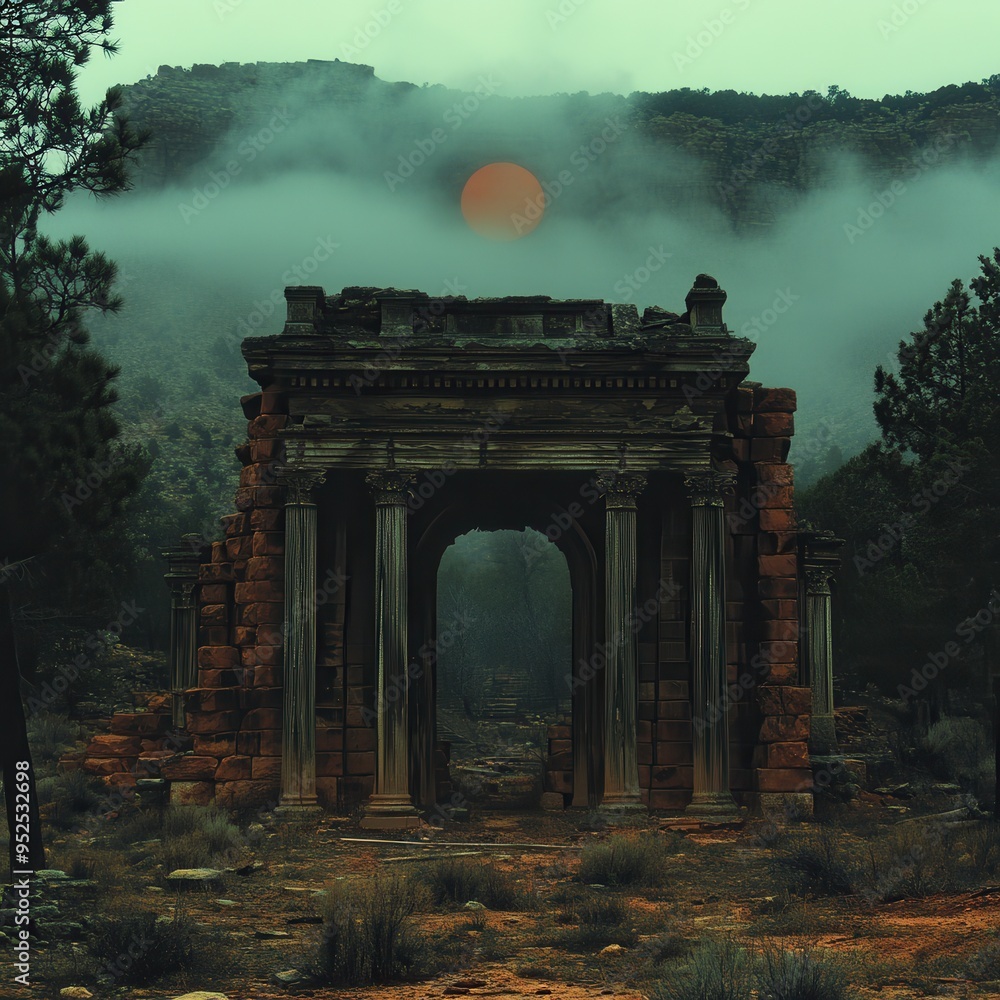 Ancient Ruins of Temple Shrouded in Mystical Twilight Fog and Framed by Green Pines with Glowing Sun Setting Behind in a Tranquil Valley Ancient Ruins of Temple Shrouded in Mystical Twilight Fog and Framed by Green Pines with Glowing Sun Setting Behind in a Tranquil Valley