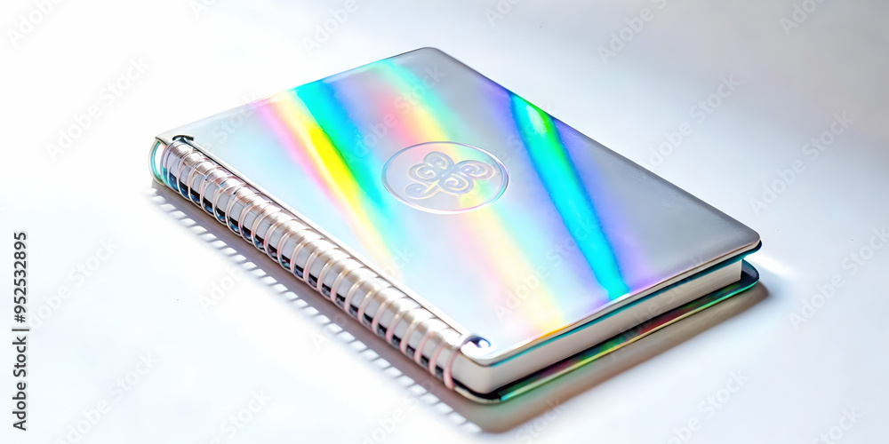Flat Holographic notebook with Labh Pancham symbol and copy space concept as A glossy holographic notebook with the Labh Pancham symbol embossed on the cover floating above a white background. The not Flat Holographic notebook with Labh Pancham symbol and copy space concept as A glossy holographic notebook with the Labh Pancham symbol embossed on the cover floating above a white background. The not
