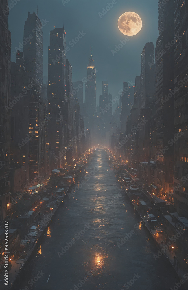 Giant Moon Over a Misty Urban Nightscape with Skyscrapers Giant Moon Over a Misty Urban Nightscape with Skyscrapers