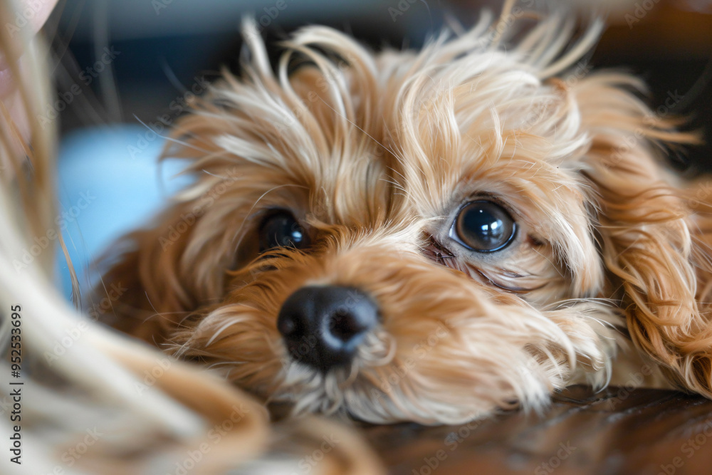 a dog laying on a table with its head on a person's hand a dog laying on a table with its head on a person's hand