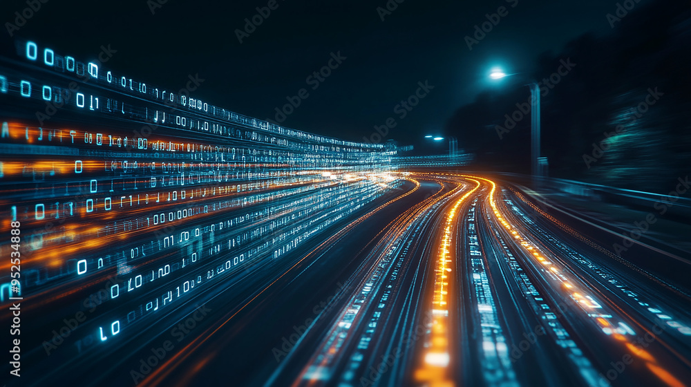 Digital Data Flow on Road with Motion Blur Effect Digital Data Flow on Road with Motion Blur Effect