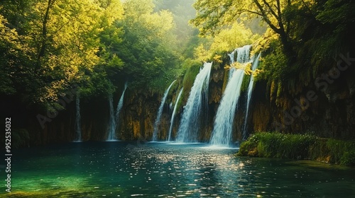 Serene Waterfall Cascades into Tranquil Pool Surrounded by Lush Greenery