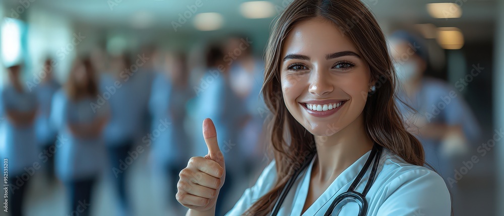 Φωτογραφία A smiling female doctor with one hand raised and giving a thumbs-up, standing in front of a blurred group of medical staff in the background