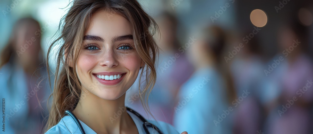 Φωτογραφία A smiling female doctor with one hand raised and giving a thumbs-up, standing in front of a blurred group of medical staff in the background