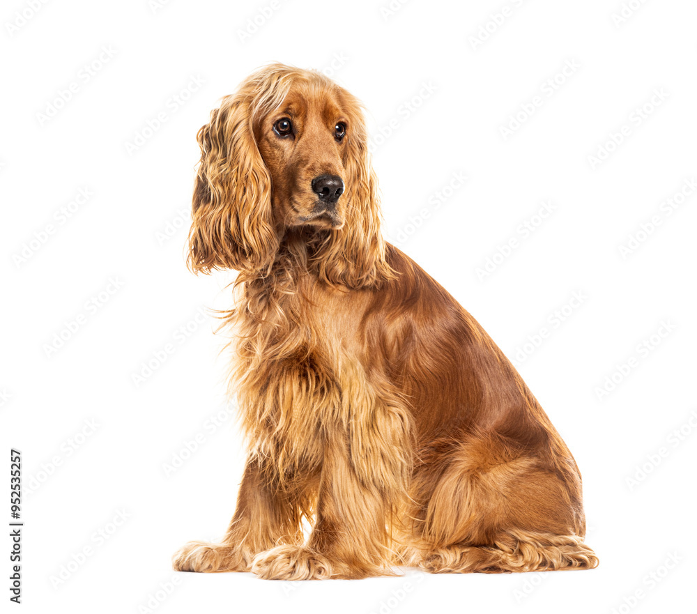 English cocker spaniel dog sitting and looking away on white background English cocker spaniel dog sitting and looking away on white background
