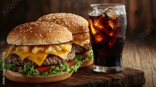 Isolated grilled cheeseburger with sesame bun, lettuce, tomato, and onion, perfect for a quick and easy lunch or snack