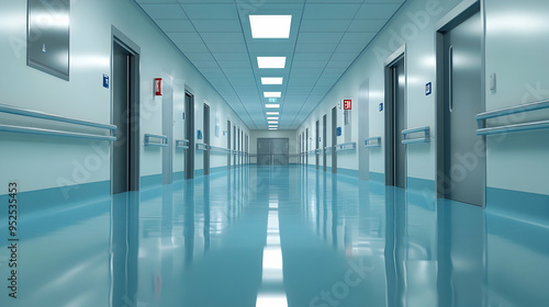 A brightly lit hospital hallway with a shiny blue floor, numerous doors flanking both sides, and visible emergency exit signs, showcasing the environment of a contemporary healthcare facility.