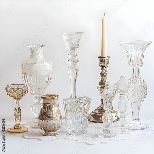 Elegant Vintage Glassware and Tableware Arrangement on White Background