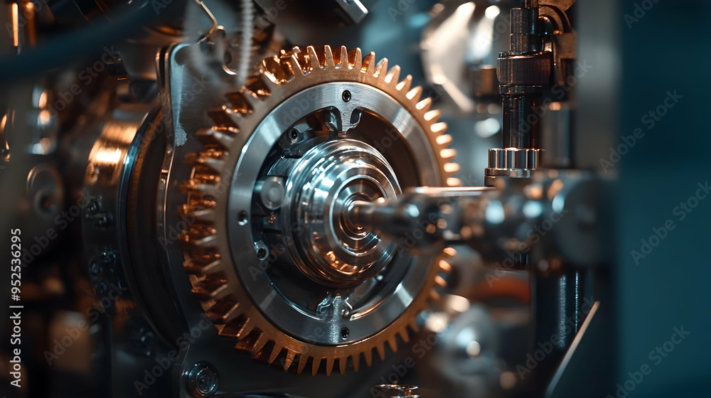  close-up capturing the dynamic motion of industrial gears, intricate wiring, and a formidable electric motor in a captivating macro composition.