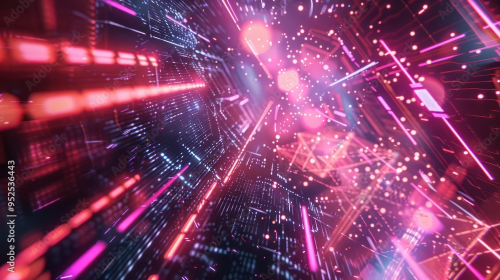 Obraz premium Abstract digital art with neon lines and glowing particles