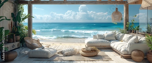 Cozy beach house living room with a stunning ocean view.