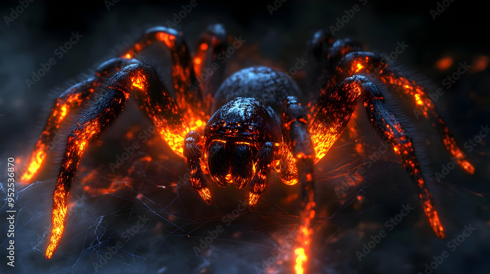 3D Glossy Spider Background with Glowing Web concept as A glossy background featuring a large spider on a glowing web in a dark creepy setting. Ideal for horror themed Halloween advertisements or spid 3D Glossy Spider Background with Glowing Web concept as A glossy background featuring a large spider on a glowing web in a dark creepy setting. Ideal for horror themed Halloween advertisements or spid