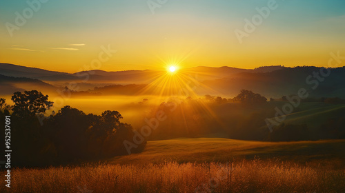 An illustration showing a radiant sun rising over a serene valley, bathing the landscape in a soft, warm light.