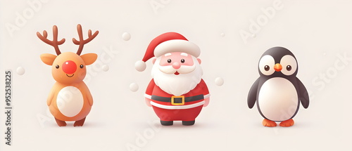 A vector set of 3 Christmas characters in clay design, including Santa Claus, a reindeer, and a penguin, adorable and festive, 3d render pastel color, isolated on a clean background