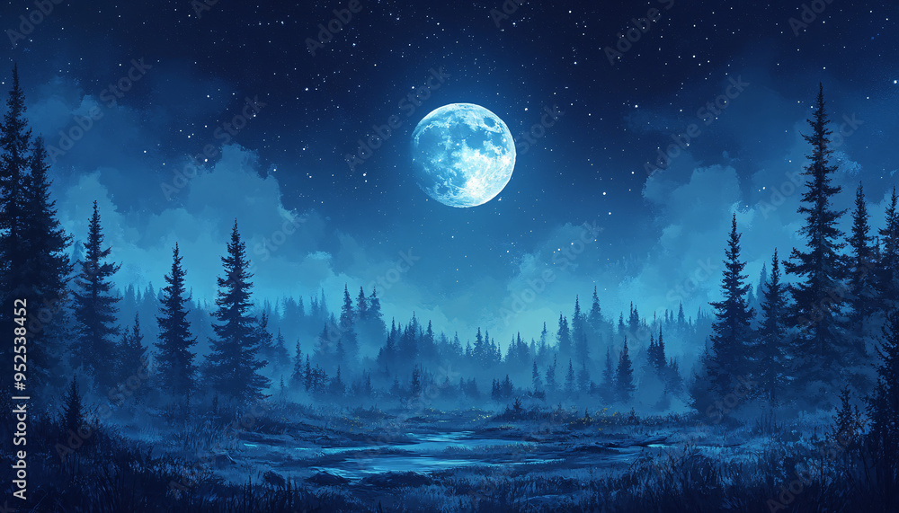 Moonlit forest with tall trees digital art illustration depicting a serene and enchanting night landscape. Moonlit forest with tall trees digital art illustration depicting a serene and enchanting night landscape.