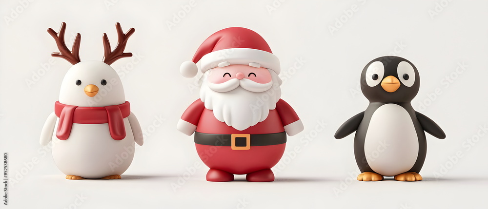 A vector set of 3 Christmas characters in clay design, including Santa Claus, a reindeer, and a penguin, adorable and festive, 3d render pastel color, isolated on a clean background A vector set of 3 Christmas characters in clay design, including Santa Claus, a reindeer, and a penguin, adorable and festive, 3d render pastel color, isolated on a clean background