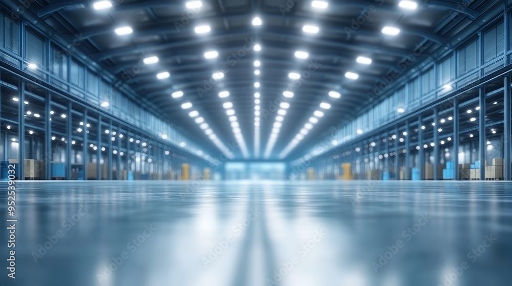 A spacious industrial warehouse with bright lighting and organized storage areas. A spacious industrial warehouse with bright lighting and organized storage areas.