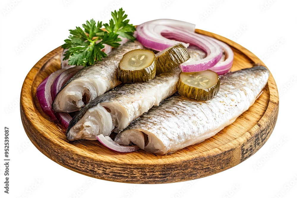 Traditional Dutch food herring with pickled cornichons and onion on rustic wooden plate isolated on white background Traditional Dutch food herring with pickled cornichons and onion on rustic wooden plate isolated on white background