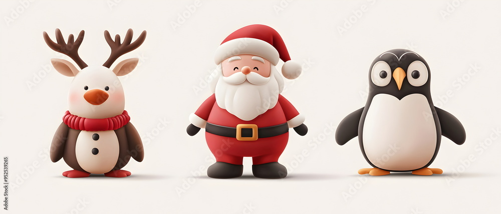 Fototapeta premium A vector set of 3 Christmas characters in clay design, including Santa Claus, a reindeer, and a penguin, adorable and festive, 3d render pastel color, isolated on a clean background