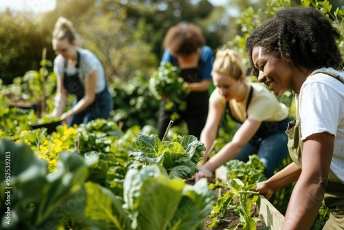 Friends gardening together, happily working in a lush green community garden on a sunny day