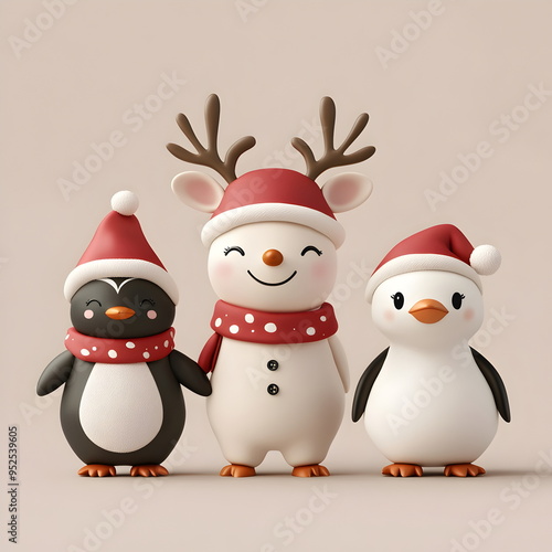 A 3D set of 3 Christmas characters in clay design, including Santa Claus, a reindeer, and a penguin, adorable and festive, 3d render pastel color, isolated on a clean background