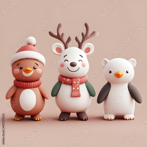 A 3D set of 3 Christmas characters in clay design, including Santa Claus, a reindeer, and a penguin, adorable and festive, 3d render pastel color, isolated on a clean background