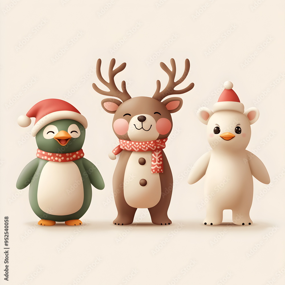 A 3D set of 3 Christmas characters in clay design, including Santa Claus, a reindeer, and a penguin, adorable and festive, 3d render pastel color, isolated on a clean background A 3D set of 3 Christmas characters in clay design, including Santa Claus, a reindeer, and a penguin, adorable and festive, 3d render pastel color, isolated on a clean background