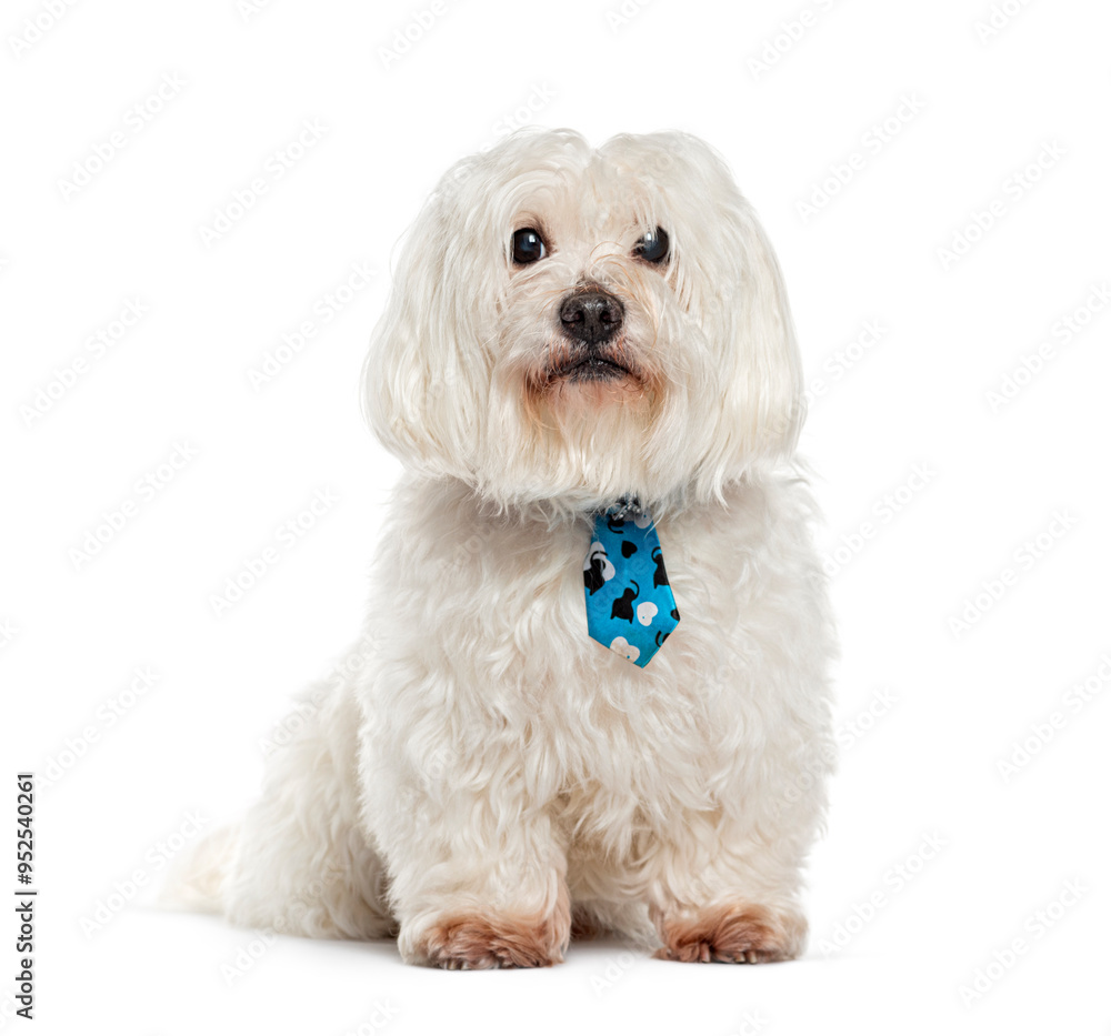 Maltese sitting and wearing a blue tie, looking sweet and innocent on white background Maltese sitting and wearing a blue tie, looking sweet and innocent on white background